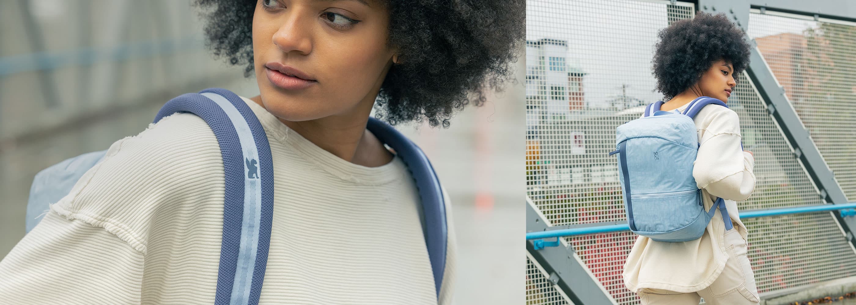 Woman wearing the Camden Backpack in Ice Shadow